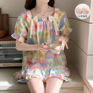 短褲 新品 短袖 可愛甜美花邊套裝 小香風休閑外穿家 帶胸墊睡衣女夏季