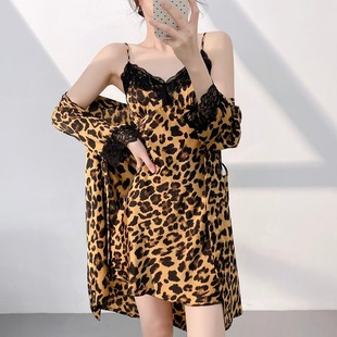 火辣豹紋印花冰絲吊帶睡裙睡袍兩件套裝 薄款 帶 性感睡衣女夏季 新品