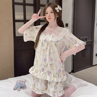 短褲 短袖 網紅風蕾絲花邊純欲風可愛卡通家居服 甜美睡衣女夏季 新品