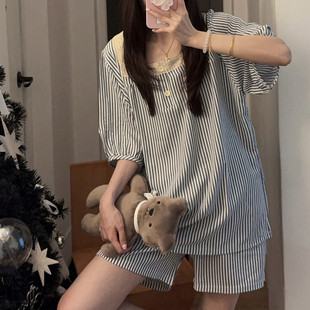 2025新款 夏天薄款 睡衣女夏季 套裝 藍色條紋高級感家 皺皺棉短袖 新品