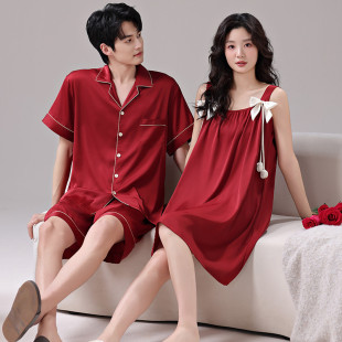男女士吊帶性感夏天結(jié)婚 情侶睡衣冰絲新婚紅色家居服短袖 新品 新款