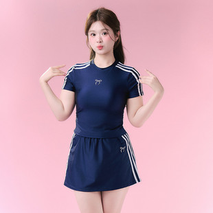 微胖mm顯瘦遮 平角學生大碼 速發高貨泳衣女孩運動保守分體裙式 半袖
