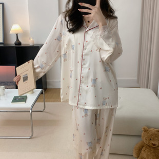 女士睡衣冰絲春秋款 卡通可愛少女休閑絲綢套裝 長袖 薄款 家 秋季 新品