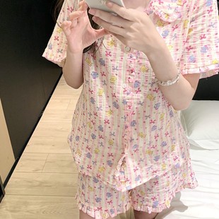 短袖 新款 開衫 薄款 家居服 新品 甜美可愛卡通花邊大碼 純棉睡衣女夏季