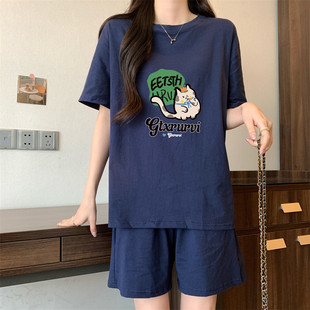 睡衣女夏季 兩件套裝 短袖 時(shí)尚 純棉睡衣可外穿家居服寬松運(yùn) 短褲 新品