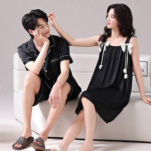 短袖 新品 冰絲新款 薄款 女睡裙吊帶性感可出門家居服男 情侶睡衣夏季