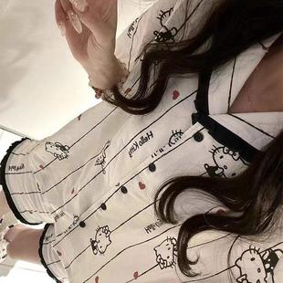 短袖 新款 薄款 韓版 家居服 新品 ins甜美卡通條紋大碼 純棉睡衣女夏季