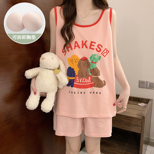 背心短褲 新品 薄款 200斤帶胸墊睡衣女夏季 卡通可愛家居服 加肥大碼