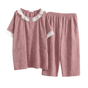 胖mm純棉蕾絲花邊開衫 新品 紗布睡衣女大碼 薄款 家居服200斤可 夏季