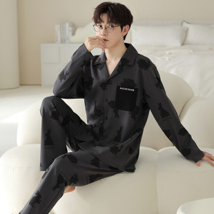 春秋新款 長袖 純棉家居服時尚 新品 大碼 柔軟睡衣男士 卡通開衫 套 新款