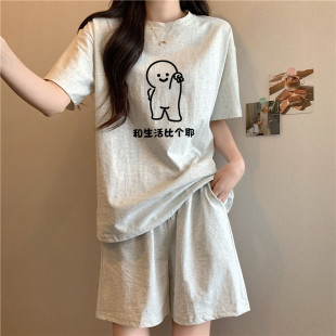 兩件套裝 新品 趣味高級感印花時尚 短褲 純棉睡衣可外穿家居 夏天短袖