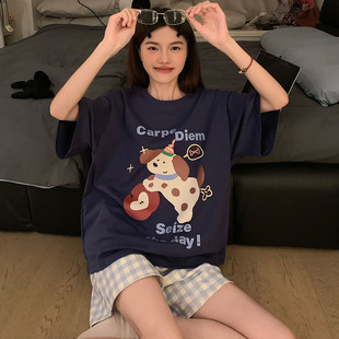 短袖 新款 薄款 甜美可愛小狗格子短褲 家居服 新品 大碼 純棉睡衣女夏季