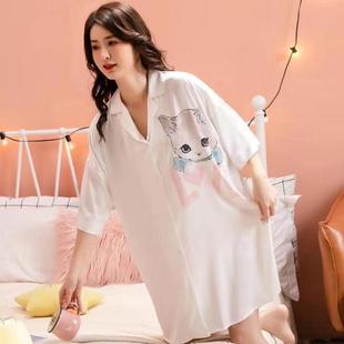 家居服裙 高顏值長款 睡衣女夏款 冰絲簡約睡裙高檔可外穿懶人裙新款