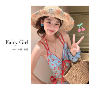 泰國(guó)少女櫻桃吊帶四件套保守分體泳衣海邊溫泉比基尼 小櫻桃