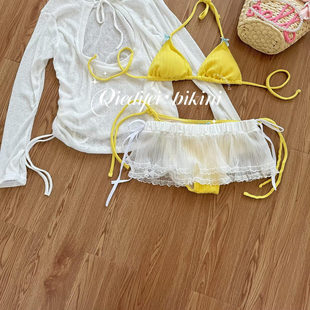 女士海邊度假泳衣女 顯白純欲性感比基尼三件套小胸長袖 小雞黃