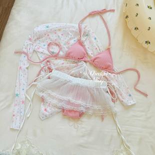 比基尼泳衣女小胸性感純欲風掛脖小清新溫泉度假絕美泳衣 粉色