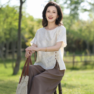 套裝 媽媽夏裝 t恤貴夫人雪紡上衣氣質中老年女士夏季 小衫 國風短袖