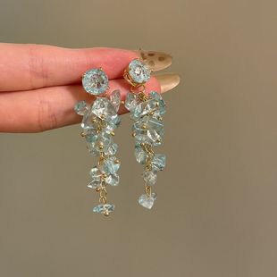 星河鋯舞 夏日藍色碎石串珠耳環女海邊度假風流蘇耳釘獨特耳飾