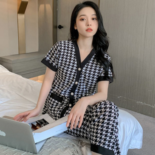 長褲 寬松家居服套裝 V華爾棉薄款 女士大碼 甜美夏季 春夏睡衣女短袖