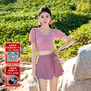 2025新款 保守顯瘦遮肚泡溫泉游泳 可愛游泳衣女學生x分體高腰裙式