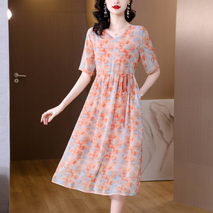 奢華大牌媽媽氣質桑蠶絲碎花裙子 2025年新款 品牌正品 連衣裙女夏季