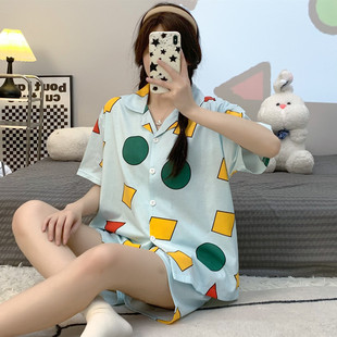 純棉短袖 睡衣女夏季 短褲 學(xué)生寬松大碼 家居服 新品 夏季 蠟筆小新同款