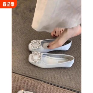 薇家蝴蝶 顯瘦方扣氛圍ins孕婦鞋 現貨低跟芭蕾舞甜酷皮鞋 女豆豆鞋