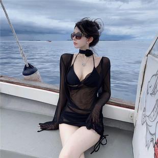比基尼三件套海邊度假2025新款 性感辣妹純欲泳衣女夏分體長袖 罩衫