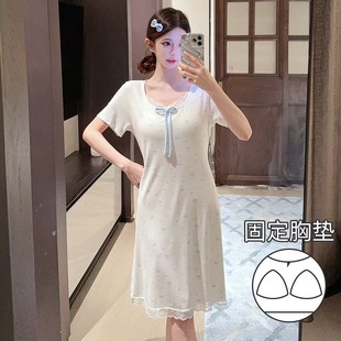 莫代爾長款 短袖 睡裙 韓系ins蝴蝶結花邊帶胸墊睡衣女夏季 2025新款