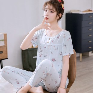人造棉綢家居服大碼 綿綢夏款 薄款 可愛春秋款 韓 睡衣女士兩m件套裝