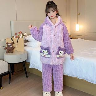 女童中大童保暖法蘭睡衣 加厚家居服套裝 新款 兒童家用冬季