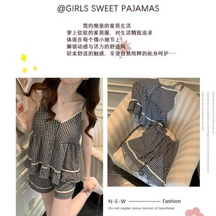 性感帶胸墊高級感家居服兩件套 2025新款 格子花邊吊帶睡衣女款 夏季