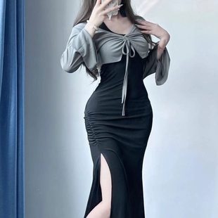 媽灰色妹裙辣上衣兩件套媽小修身 外搭甜辣小欲 顯瘦純裙連衣裙秋季
