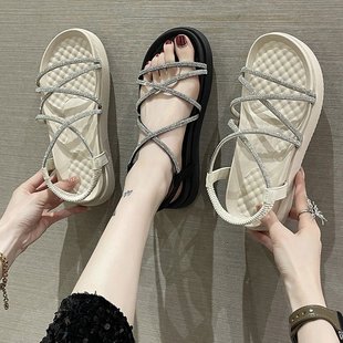 厚底羅馬仙女風(fēng)配裙子外穿平底夏天水鉆學(xué)生 夏季 涼鞋 女2025年新款