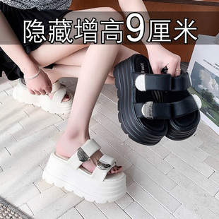 輕便軟 休閑松糕厚底沙灘鞋 真皮內增高涼拖鞋 女9cm小個子2025新款