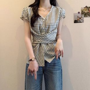 女蝴蝶結(jié)系帶泡泡袖 2025夏季 襯衫 蕾絲花邊短袖 襯衣收腰上衣潮 新款