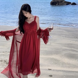 女高級感新娘結婚婚禮酒紅色輕紗禮服 睡衣裙子攻略套裝 新品 新中式