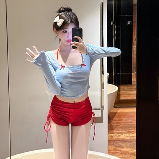 純欲藍色蕾絲長袖 防曬吊帶比基尼三件套分體泳衣女夏小胸聚攏度假