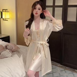 睡袍冰絲吊帶睡衣裙少女款 家居服兩件套裝 春秋季 性感夏款 薄款 長袖