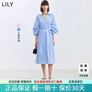 顯瘦腰帶氣質(zhì)襯衫 LILY2025夏新款 條紋通勤款 復(fù)古時(shí)尚 連衣裙女 女裝