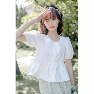 女夏季 襯衫 2025年新款 花邊短袖 上衣 法式 襯衣小個(gè)子短款 溫柔泡泡袖