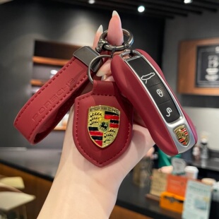 保時捷小牛皮真皮鑰匙殼卡宴macan911帕拉梅拉718Taycan扣裝 飾品