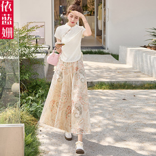 夏季 女2025新款 斜襟氣質(zhì)短袖 小衫 兩件套 新中式 印花闊腿褲 國風(fēng)套裝