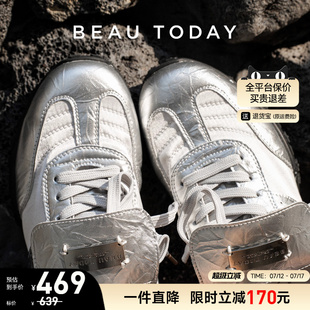 女新款 女鞋 夏季 女真皮休閑鞋 厚底復古阿甘鞋 BeauToday銀色德訓鞋