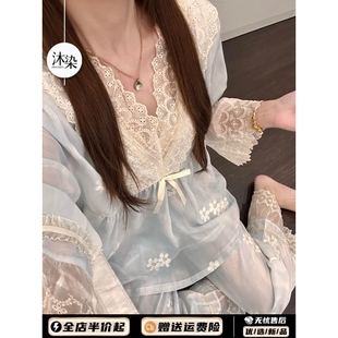套裝 法式 高級氣質(zhì)家居服大碼 2025年新款 宮延風(fēng)蕾絲花邊睡衣女夏款