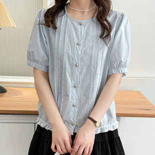 純色減齡娃娃衫 韓系寬松下擺花邊短袖 新款 女2025夏季 上衣 圓領襯衫