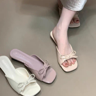 外穿露趾配裙子氣質涼鞋 女夏季 子 溫柔蝴蝶結一字帶粗跟涼拖鞋 法式