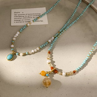 海邊度假風綠松石串珠項鏈女高級感輕奢鎖骨鏈夏天百搭頸鏈配飾