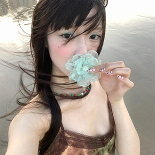 海邊度假風薄荷綠色仿真花朵發夾女森系網紗側邊發卡夾子頭飾拍照