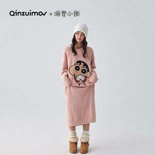 保暖睡衣家居服可外穿 半邊絨睡袍女秋冬季 親嘴貓 蠟筆小新聯名